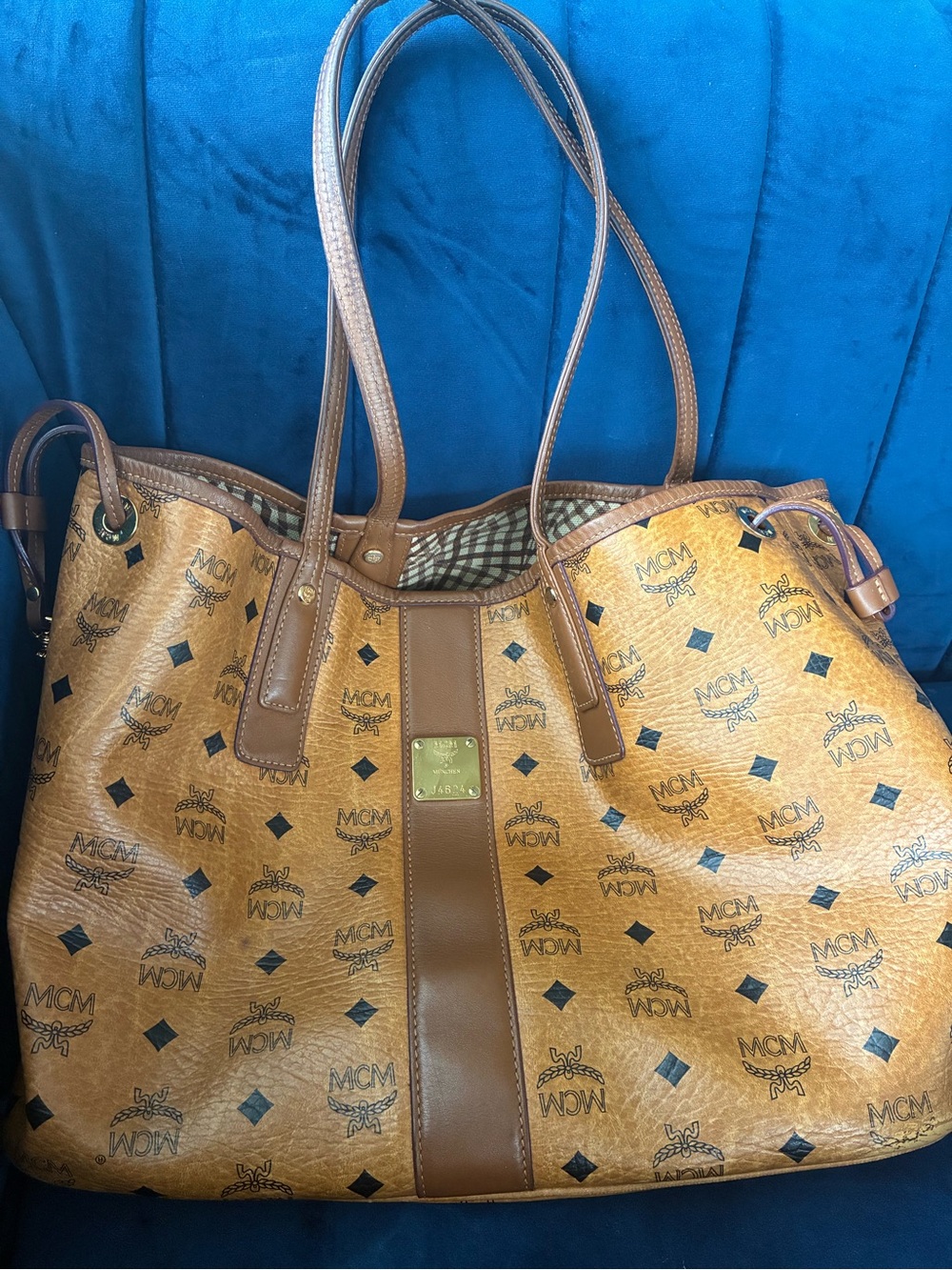 MCM Cognac Logo Visetos Tote with Brown Trim